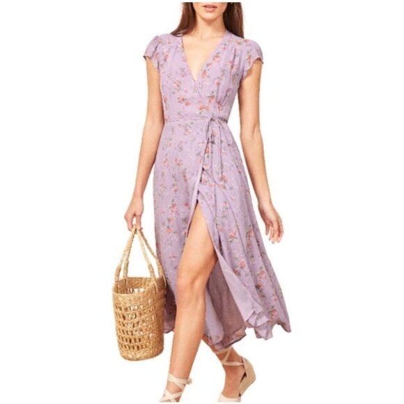 Reformation Carina Midi Wrap Dress Purple Floral Yvette Size XS - Picture 2 of 7